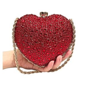 ❤️💎 Jeweled Sparkling Rhinestone Red Heart Shaped Chain Clutch Purse Bag NEW